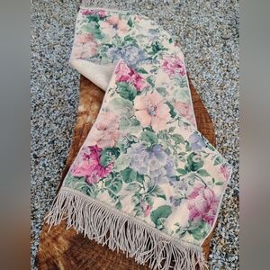Vintage Floral Brocade Table Runner Pastel Linen with Fringe 34" Long Elegant
